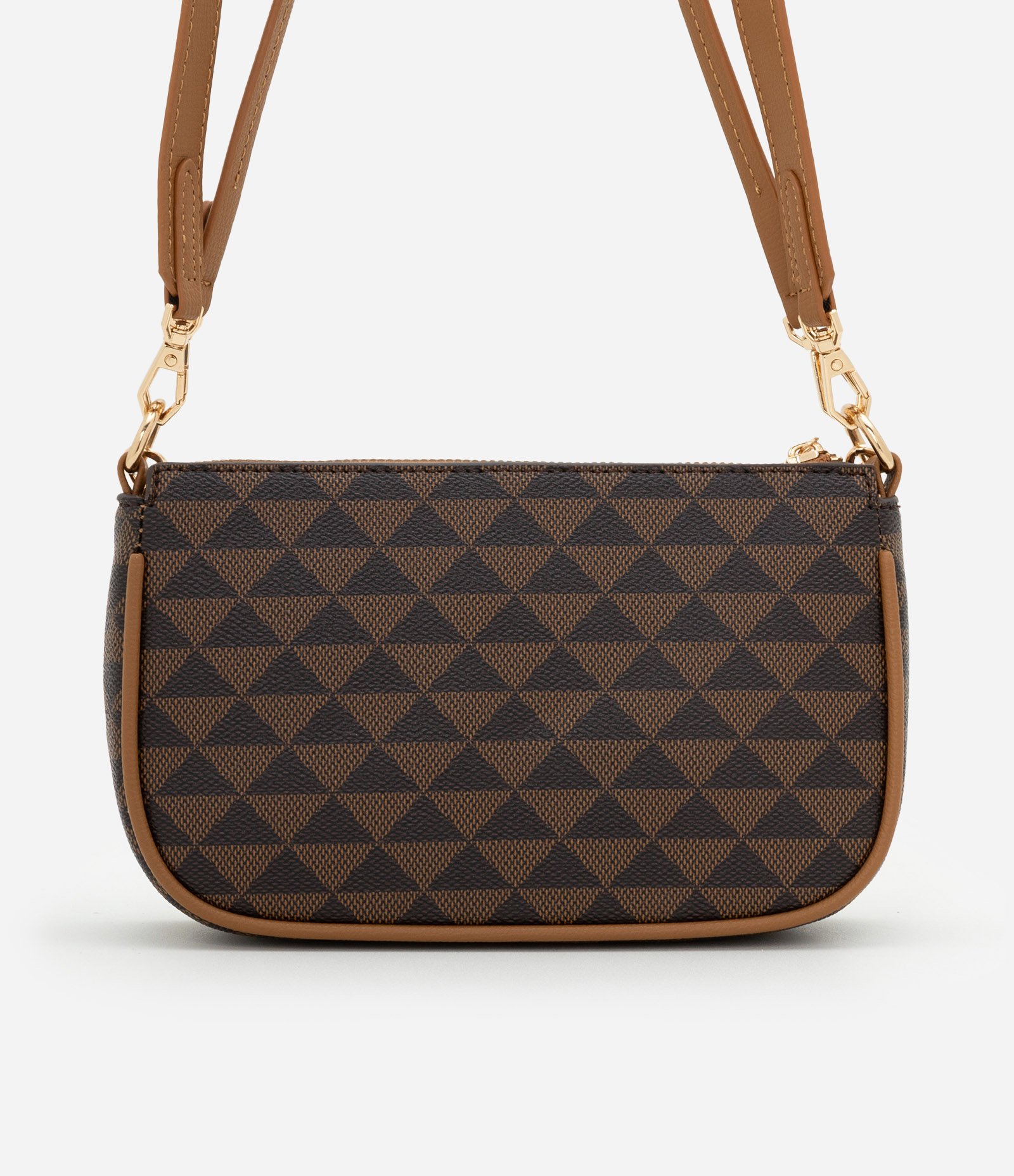 Bolsa Baguete Pequena com Detalhes Correntes e Estampa Triangular Marrom 3