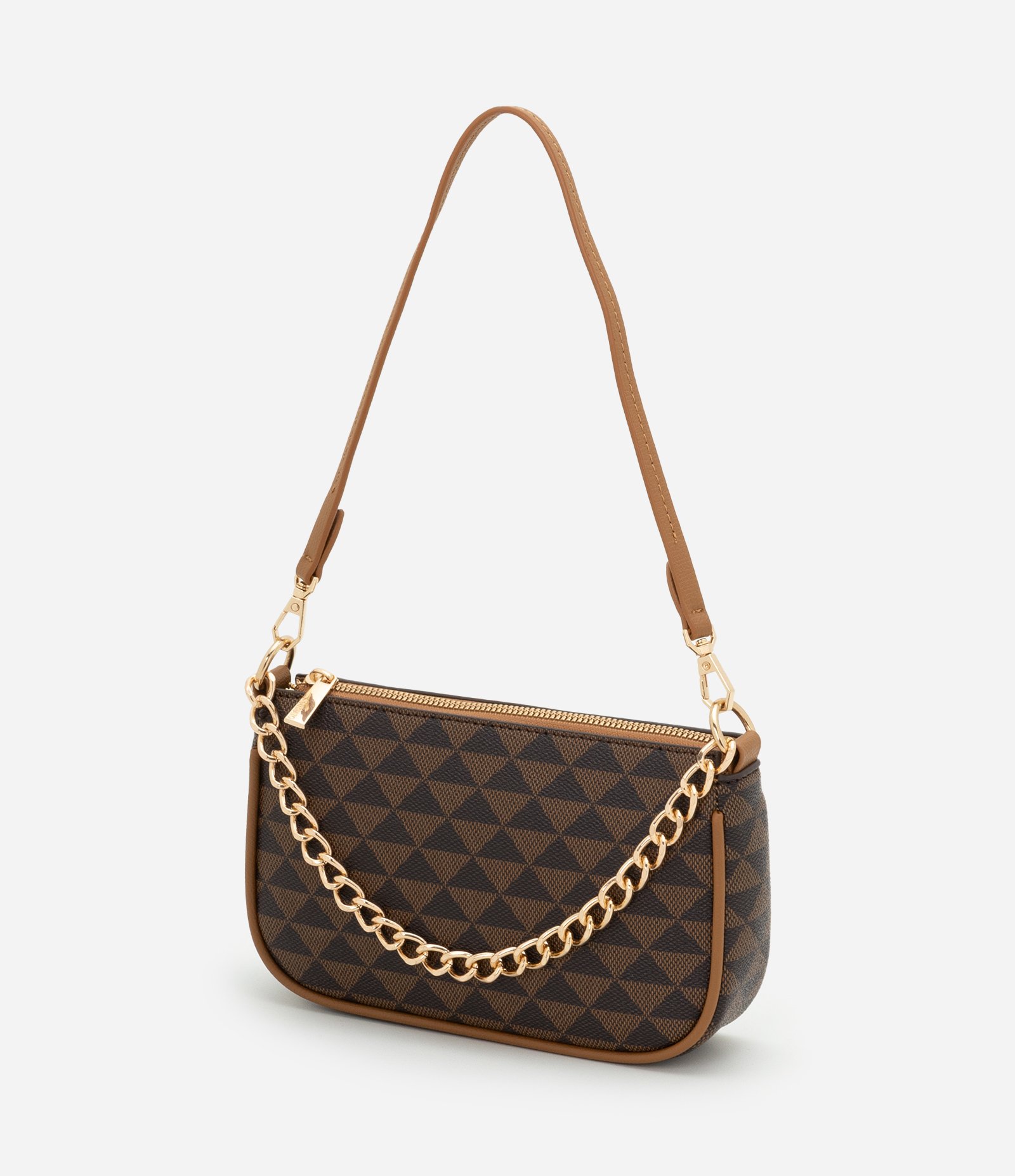 Bolsa Baguete Pequena com Detalhes Correntes e Estampa Triangular Marrom 5