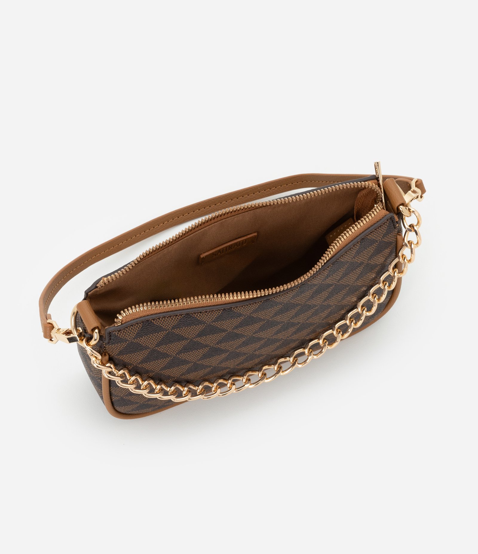 Bolsa Baguete Pequena com Detalhes Correntes e Estampa Triangular Marrom 6