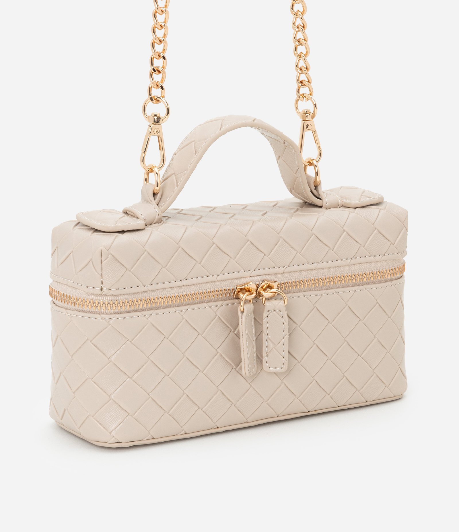 Bolsa Baú Pequena com Alça de Mão e Textura Tressê Bege 2