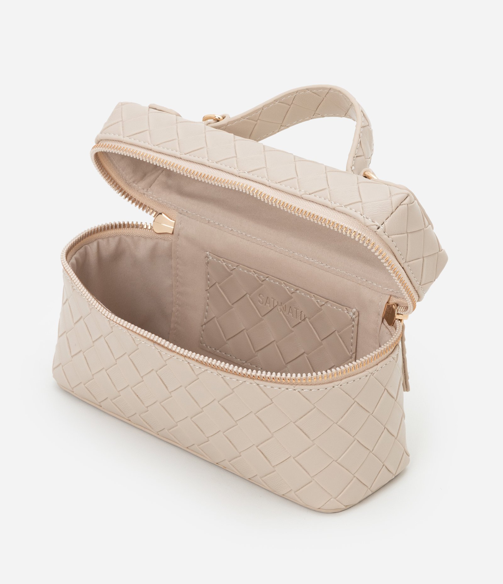 Bolsa Baú Pequena com Alça de Mão e Textura Tressê Bege 7