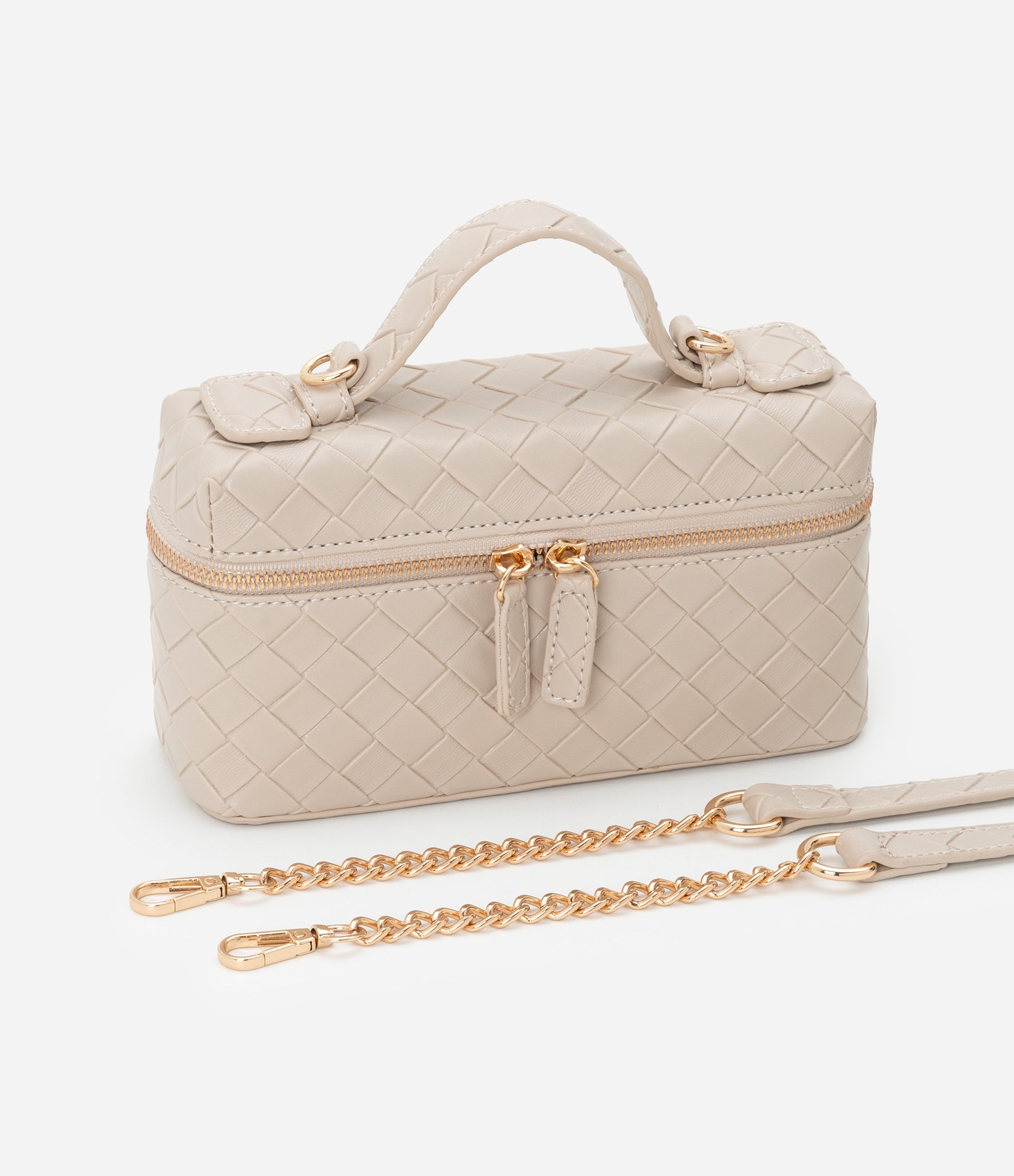 Bolsa Baú Pequena com Alça de Mão e Textura Tressê Bege 8