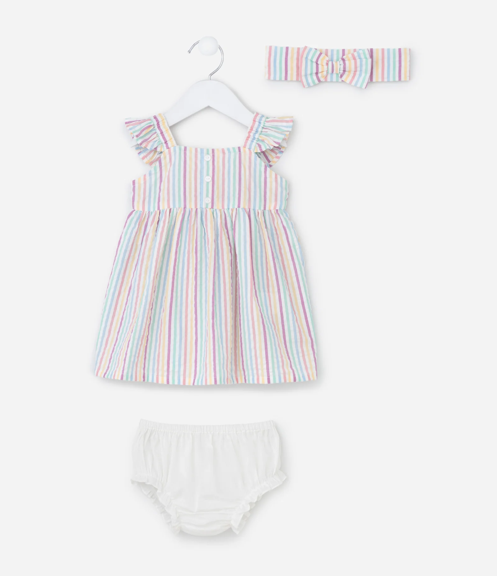 Vestido Infantil com Estampa de Listras com Calcinha e Faixa de Cabelo - Tam 3 a 18 meses Multicores 1