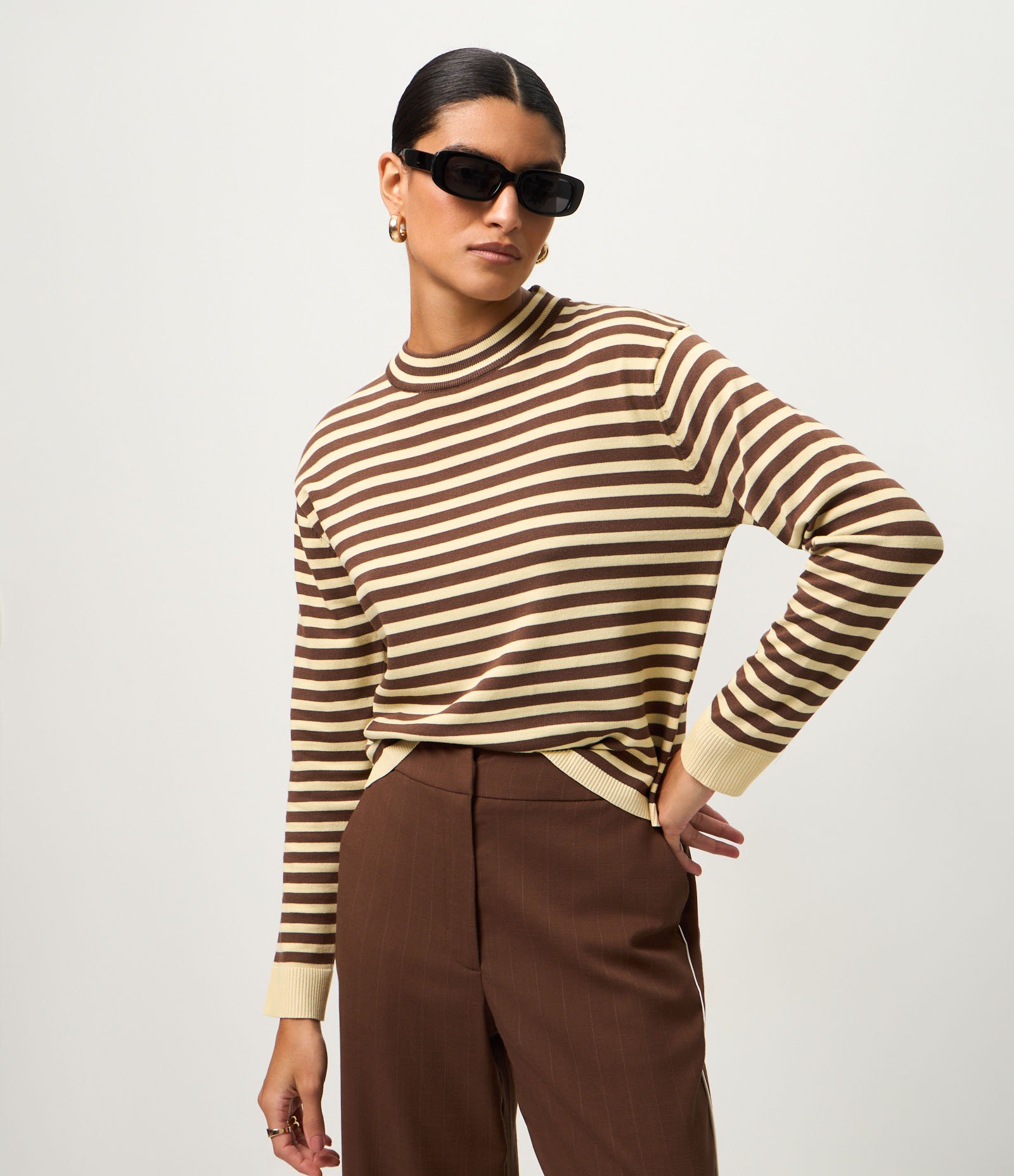 Blusa Listrada em Tricô com Gola Redonda Marrom/Amarelo 1