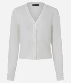 Cardigan em Tricô com Gola V e Botões Perolados