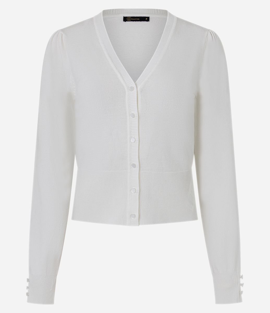 Cardigan em Tricô com Gola V e Botões Perolados Branco