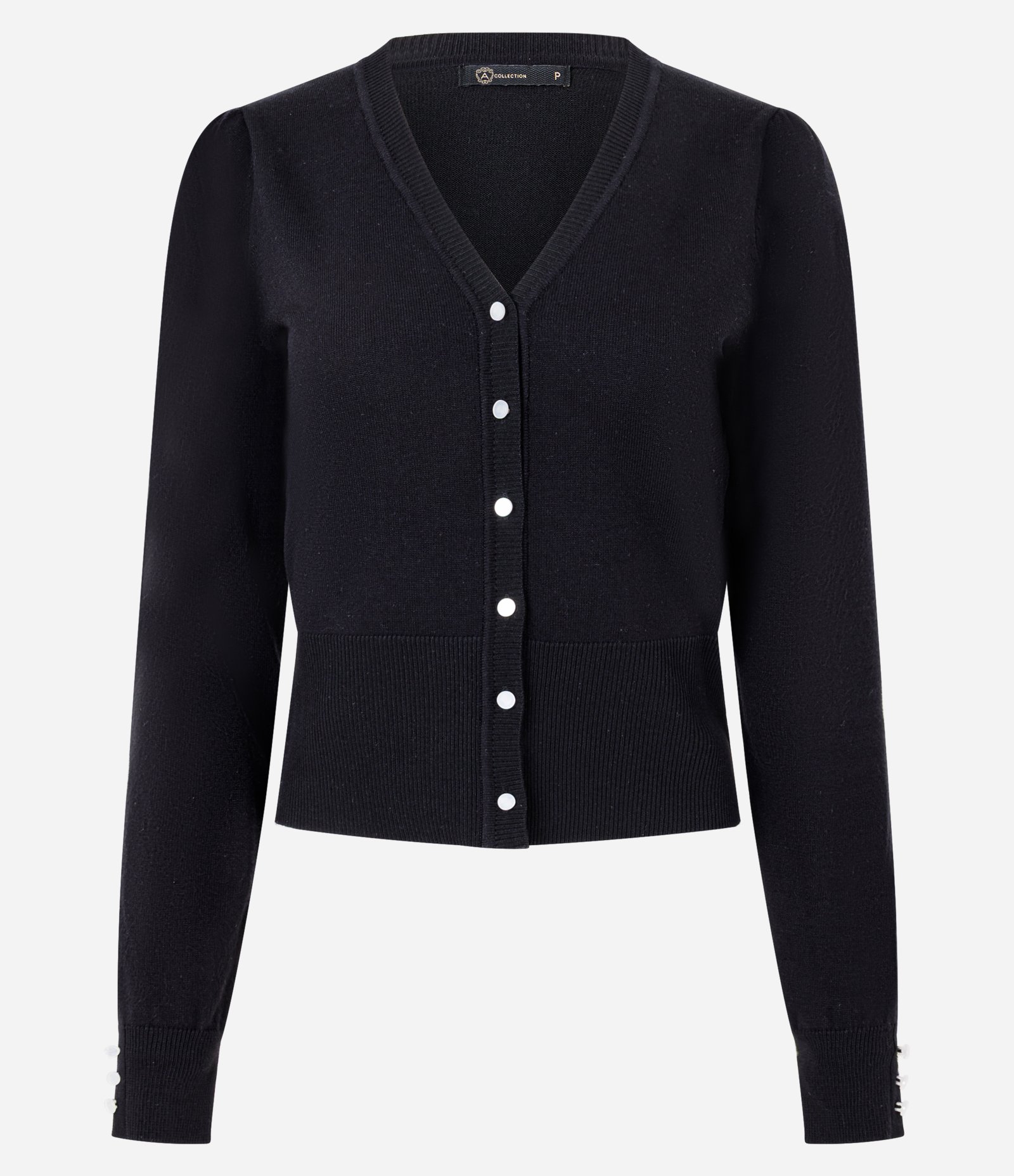 Cardigan em Tricô com Gola V e Botões Perolados Preto 1