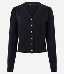 Cardigan em Tricô com Gola V e Botões Perolados