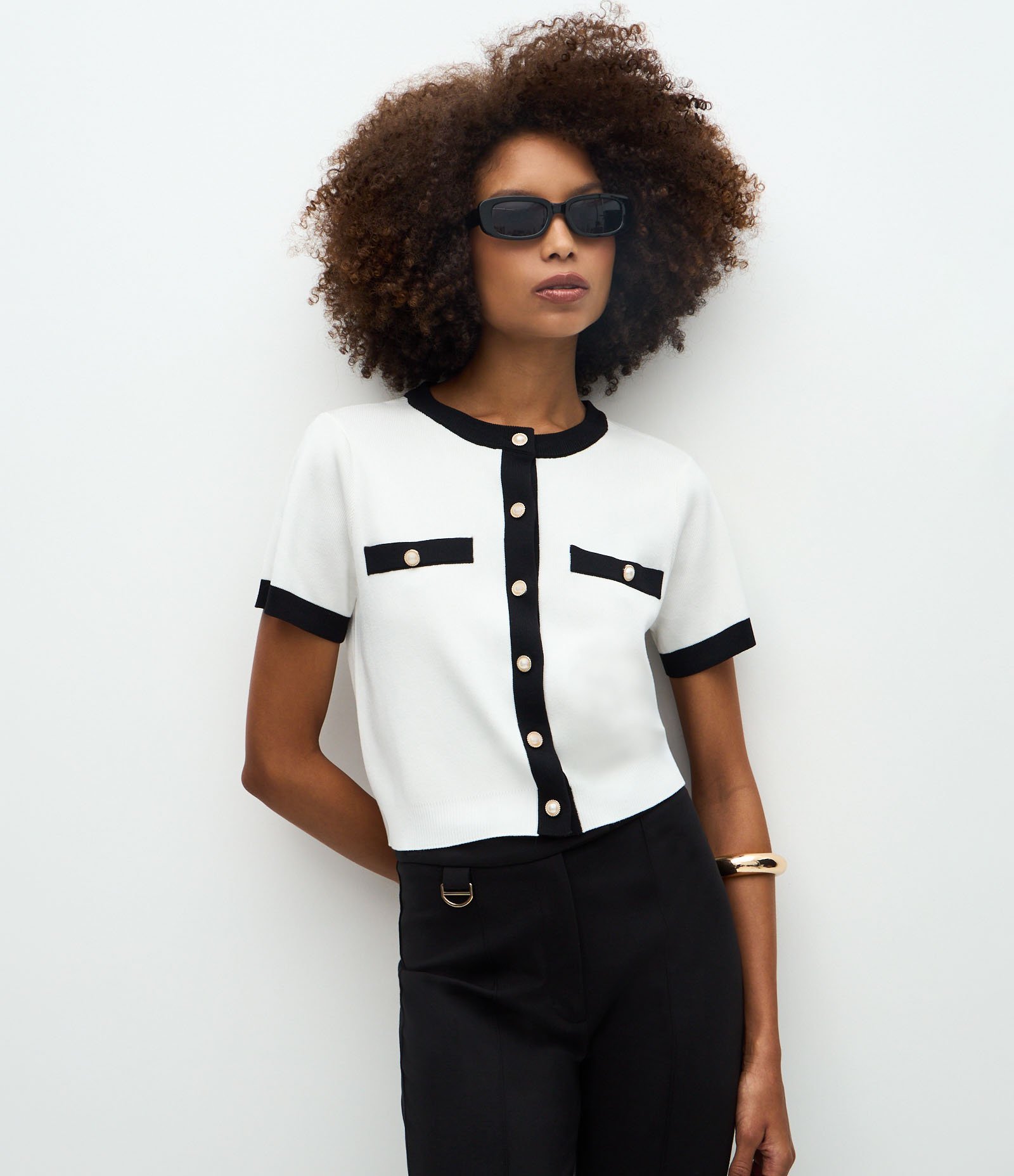 Cardigan em Tricô com Manga Curta e Contrastes Off White 1