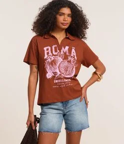 Camiseta Oversized em Algodão com Estampa de Romã e Gola Polo