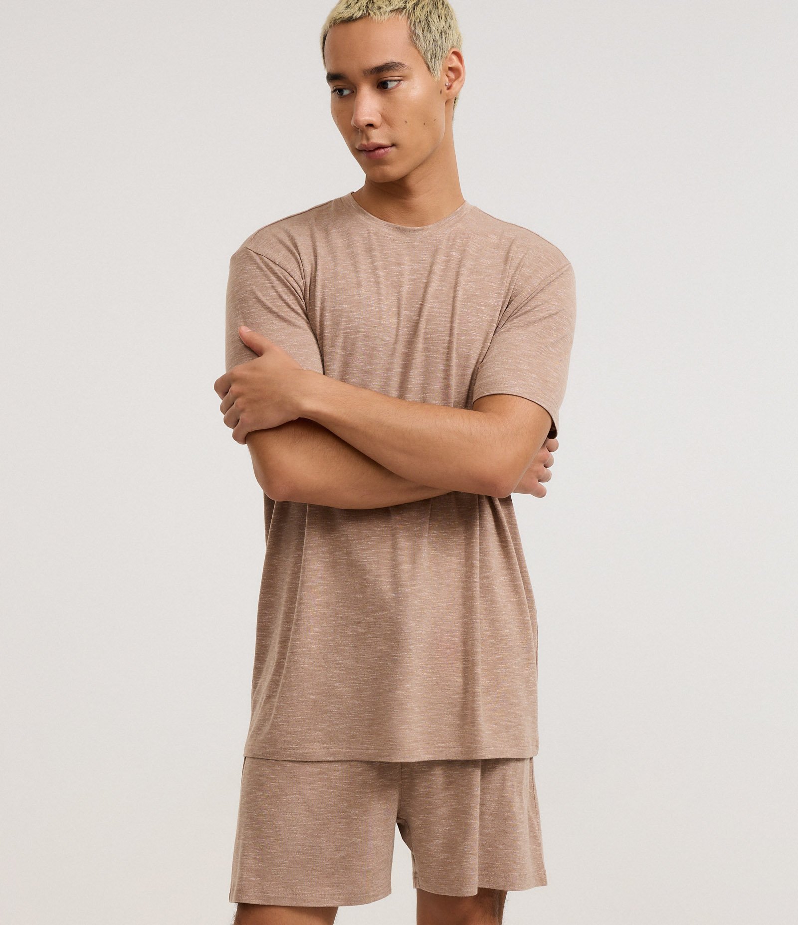 Pijama Curto em Malha Flamê com Efeito Mesclado Bege Terra 2