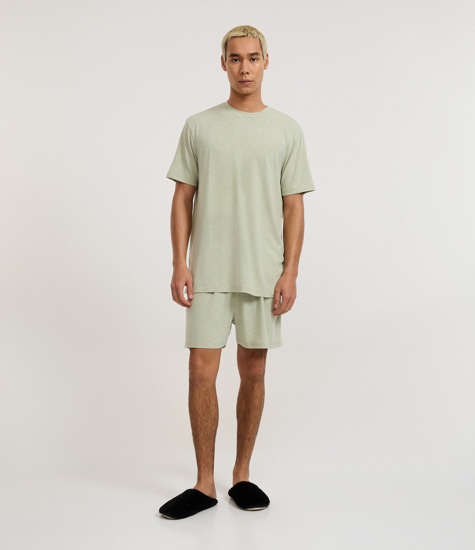 Pijama Curto em Malha Flamê com Efeito Mesclado Verde Oliva 1