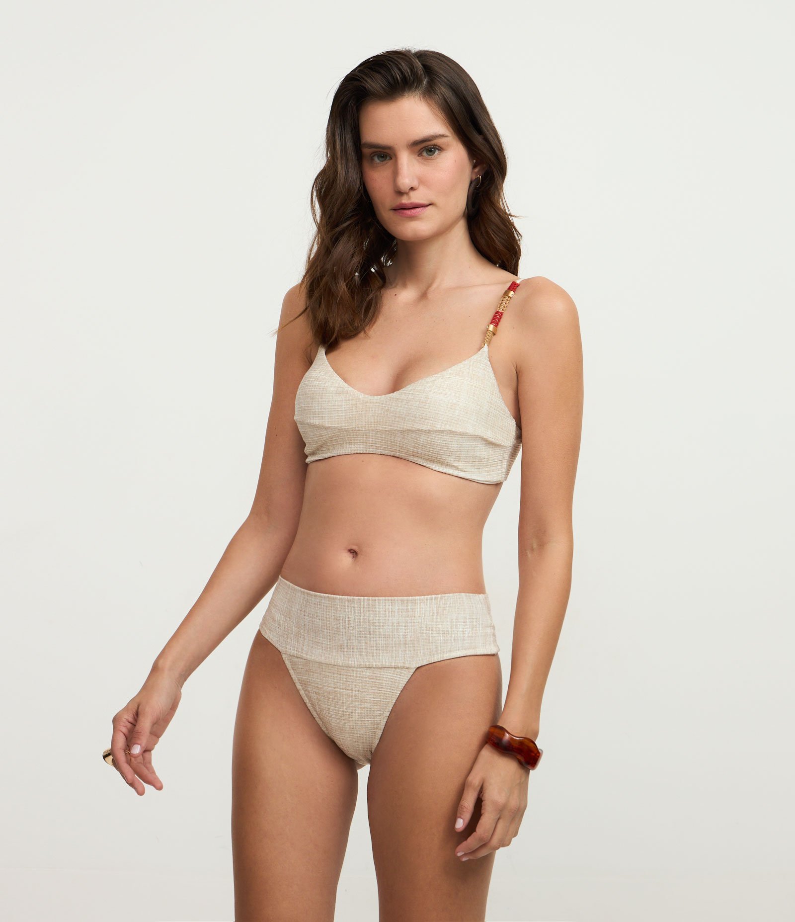 Biquíni Calcinha Pala Larga em Microfibra com Textura Linho Bege 1