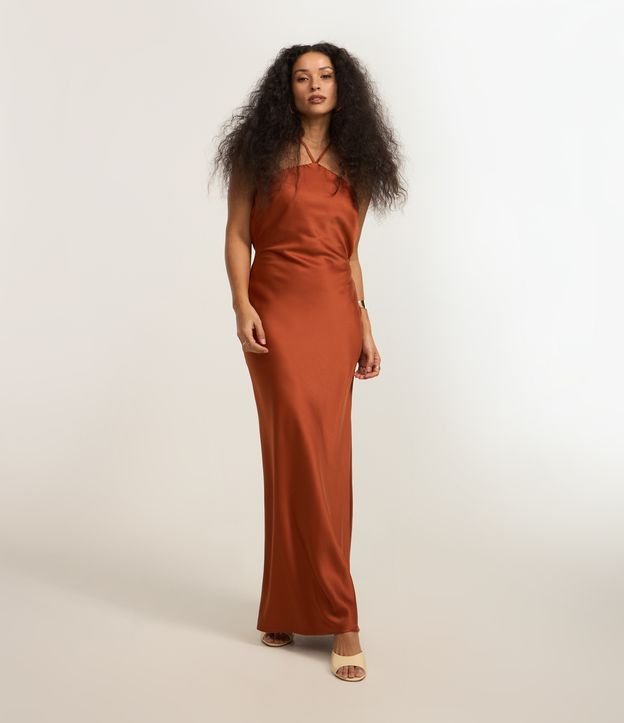 Vestido New Midi em Cetim com Decote Halter