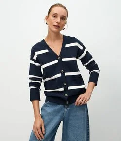 Cardigan em Tricô com Estampa Listrada
