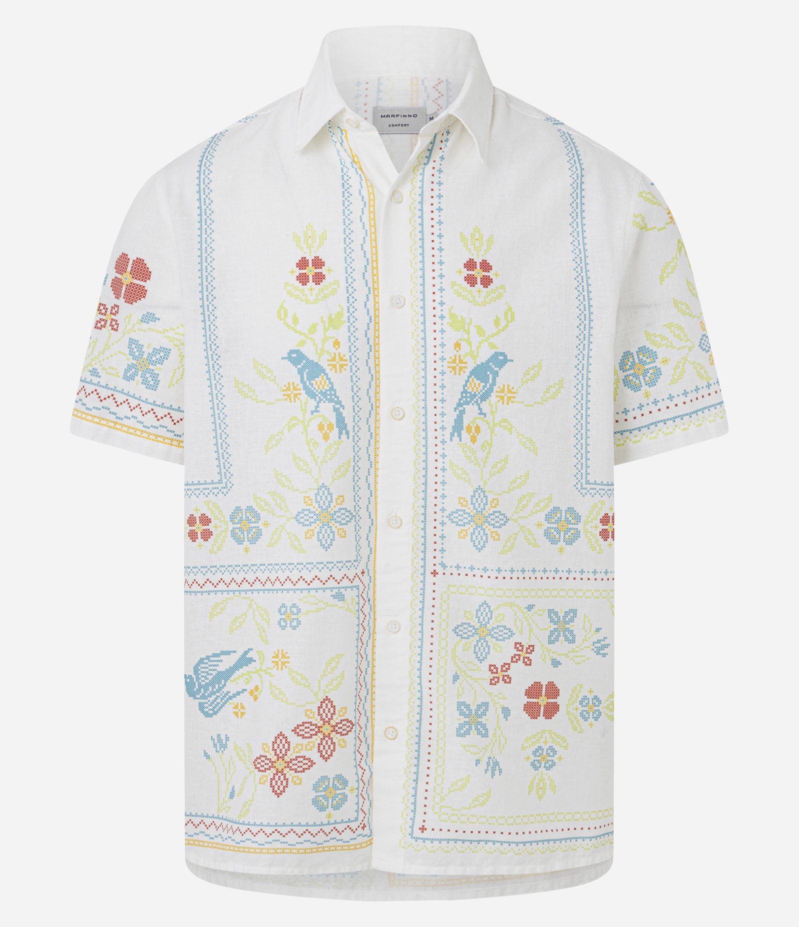 Camisa Comfort em Linho com Estampa Floral Bordada Branco 1