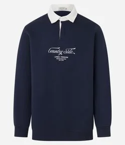 Moletom em Algodão com Gola Polo e Lettering Bordado