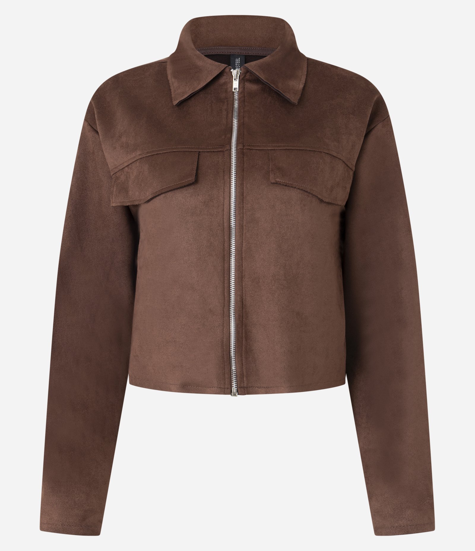 Jaqueta em Suedine com Gola de Lapela e Bolsos Fake Marrom 1