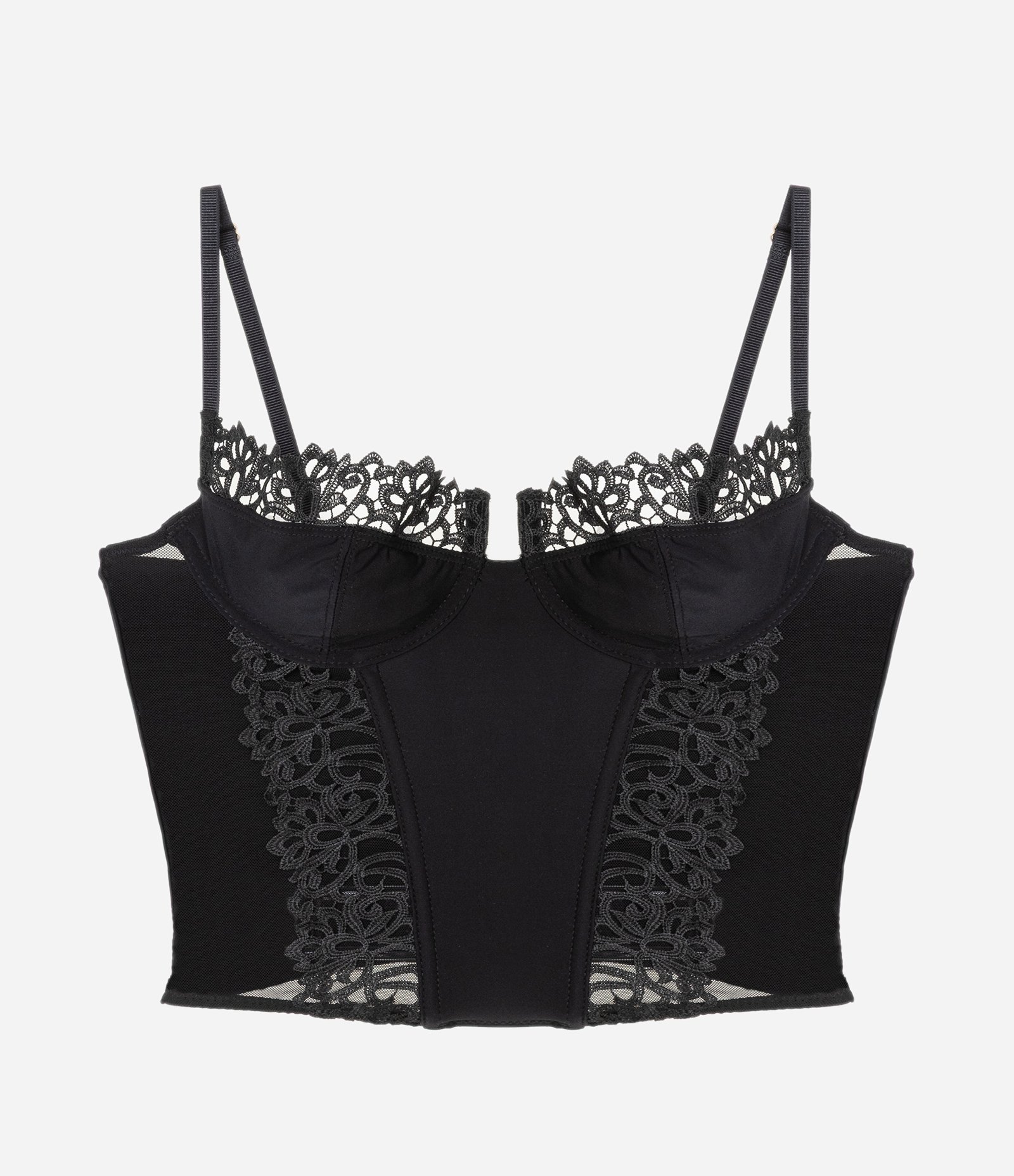 Corset Meia Taça sem Bojo com Recortes em Tule e Renda Preto 6