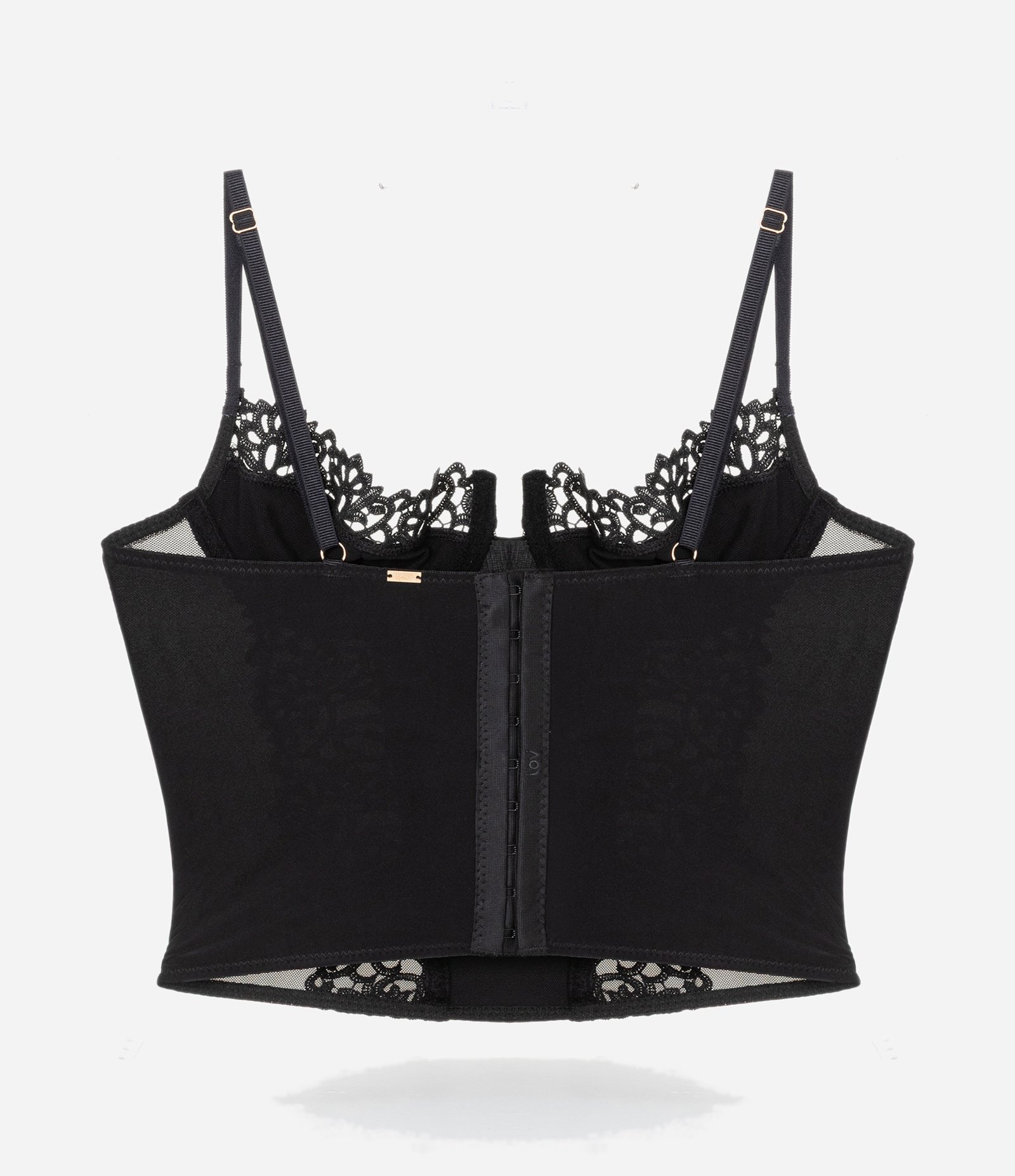 Corset Meia Taça sem Bojo com Recortes em Tule e Renda Preto 7