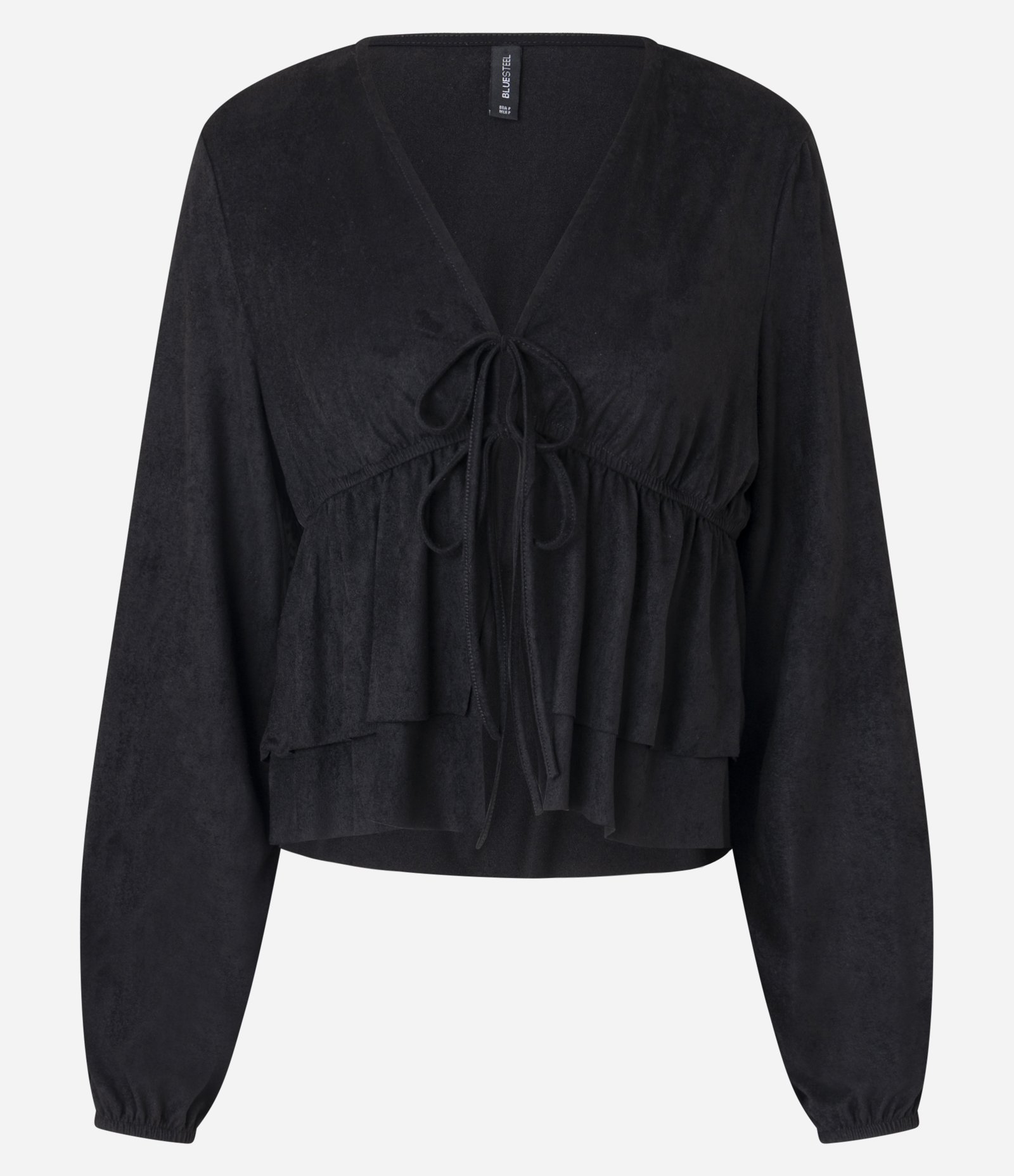 Blusa Bata em Suede com Amarração e Babados Preto 1