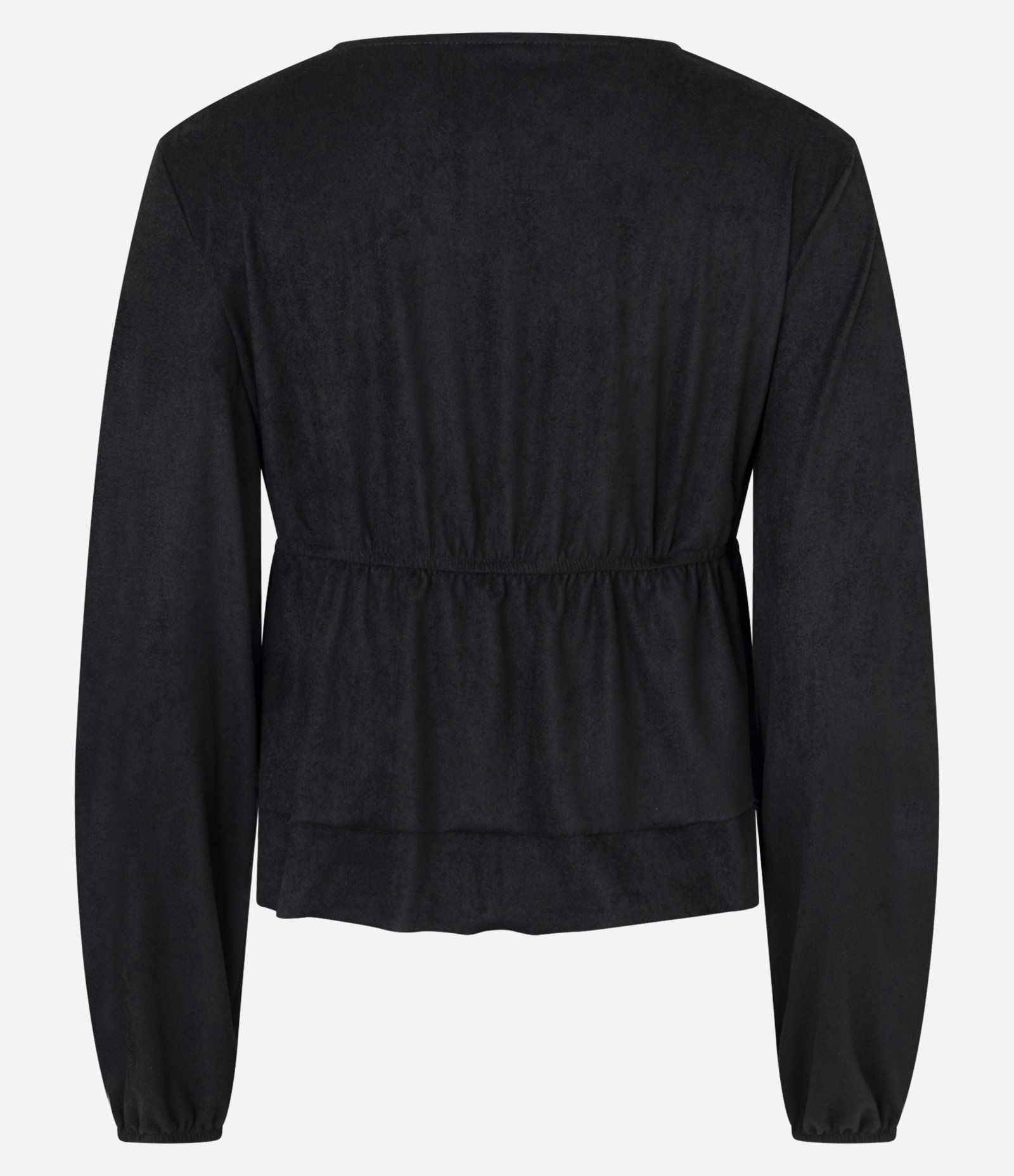 Blusa Bata em Suede com Amarração e Babados Preto 3