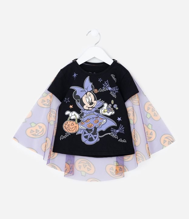 Camiseta Slim  Infantil com Estampa de Hawlloween e Capa Minnie - Tam 1 a 6 Anos