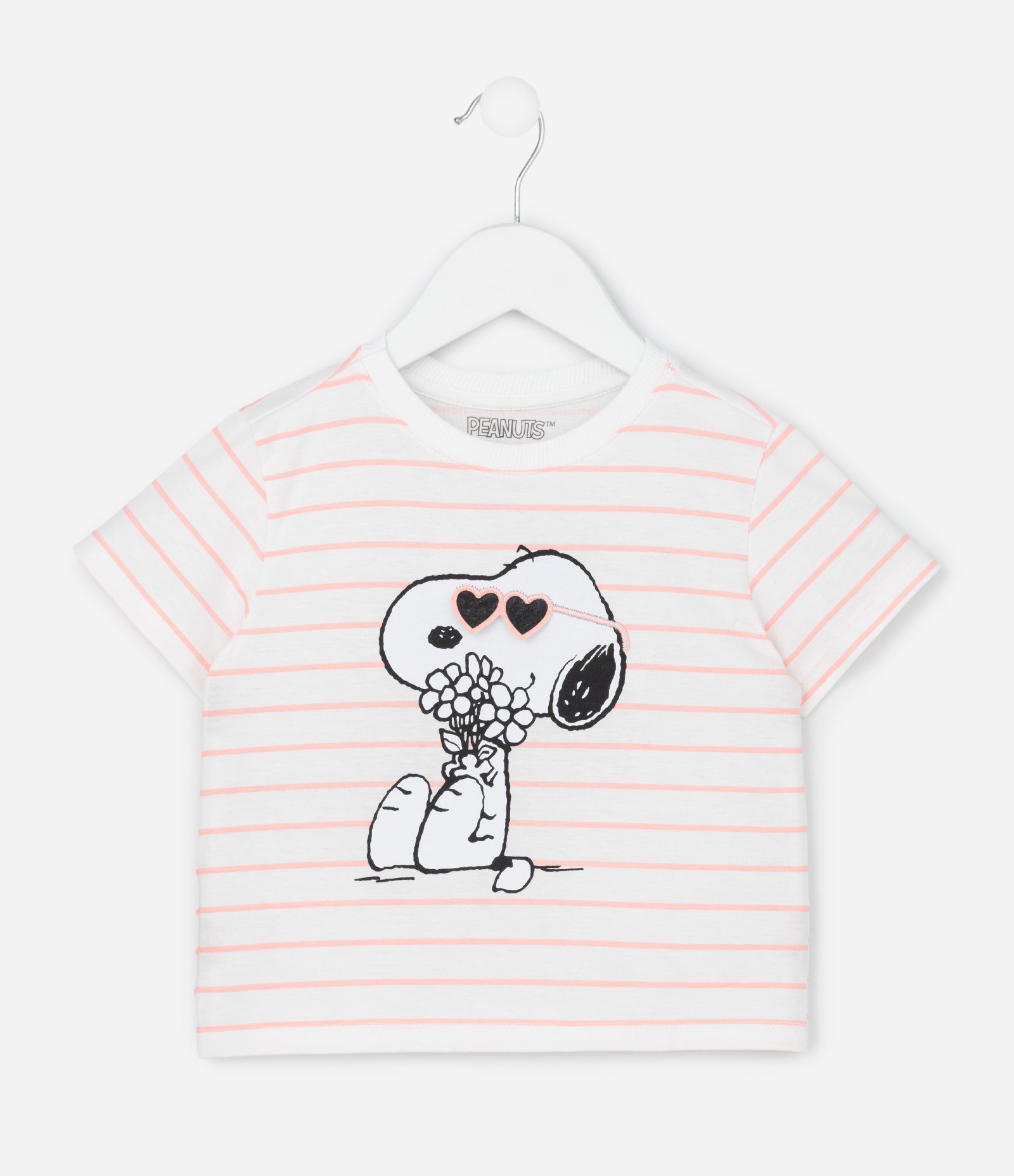 Camiseta Infantil Comfort com Estampa de Listras Snoopy - Tam 1 a 6 Anos Branco 1