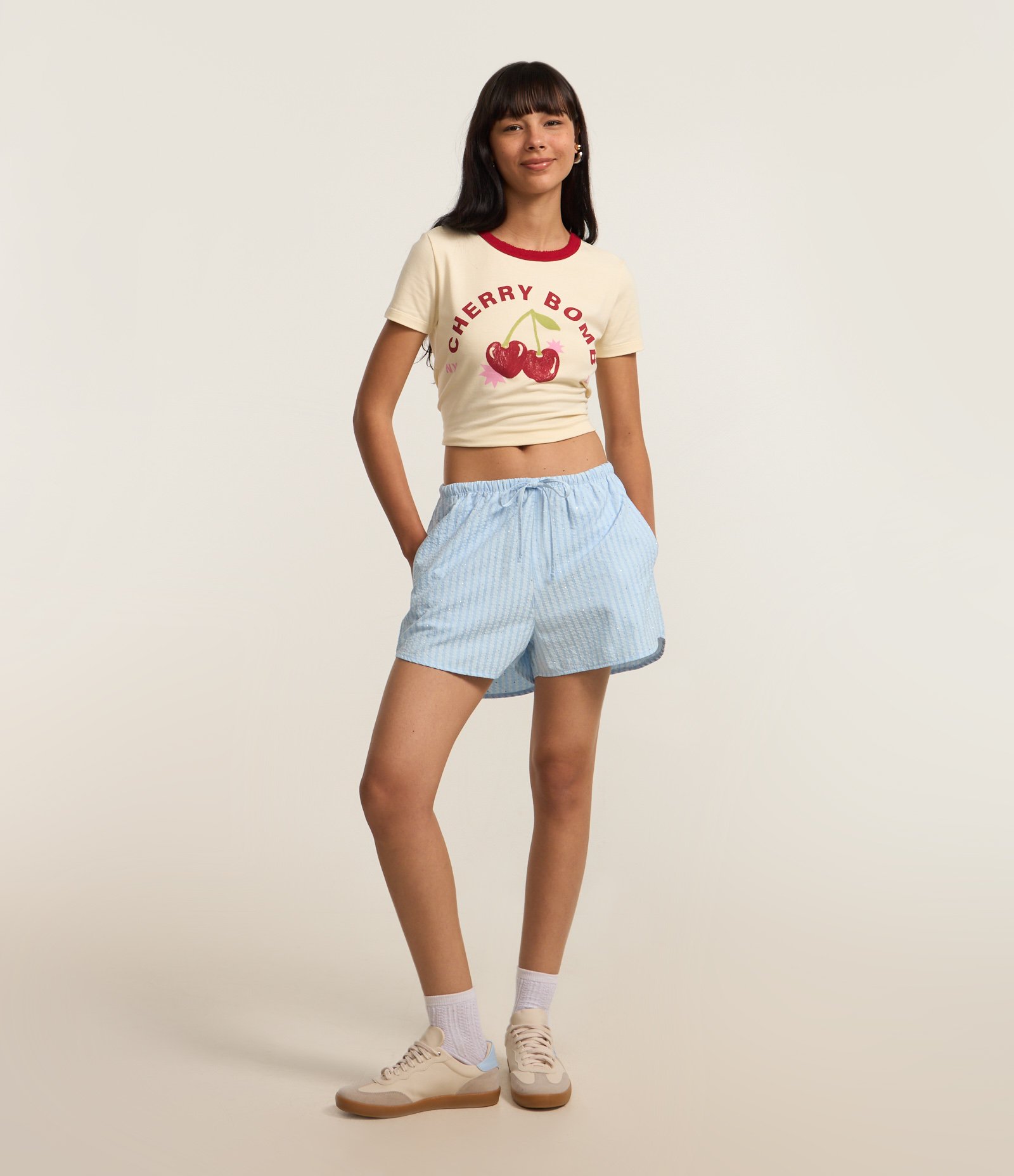 Short Runner em Tricoline com Listras e Strass Azul 1