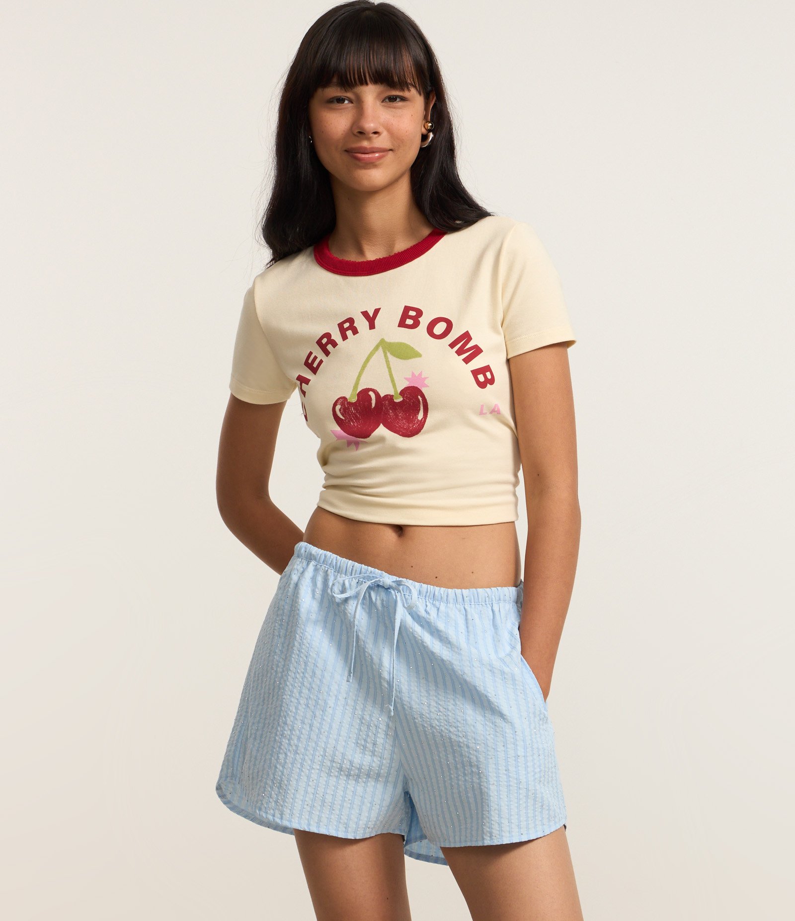 Short Runner em Tricoline com Listras e Strass Azul 2