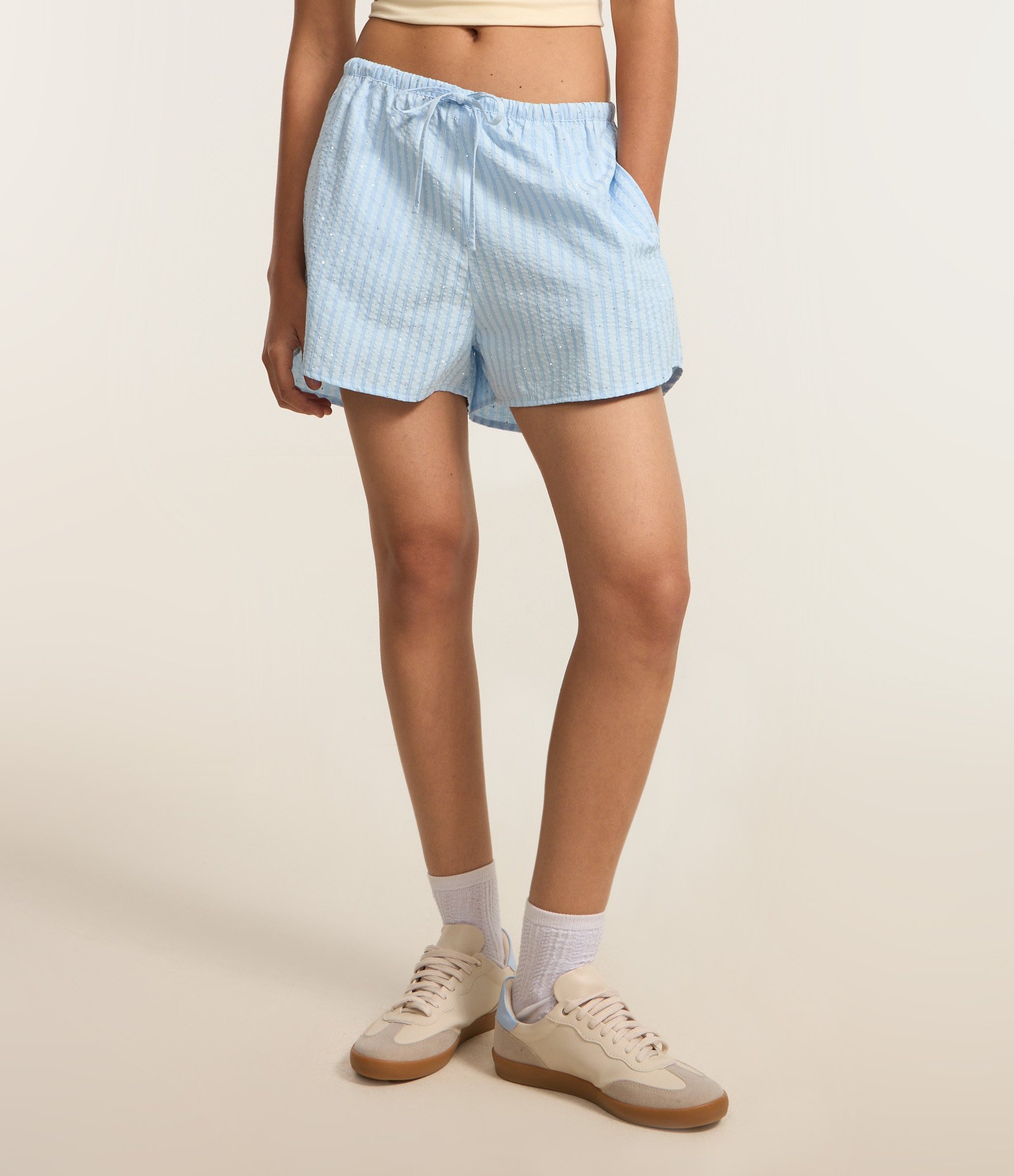 Short Runner em Tricoline com Listras e Strass Azul 3