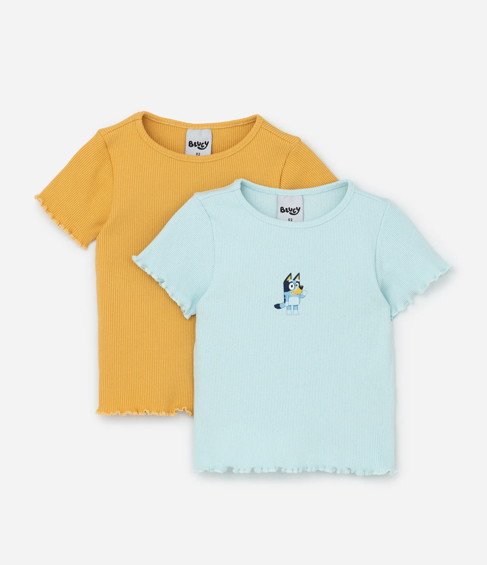 Kit 02 Blusas Regulares Infantis em Ribana com Estampa Bluey - Tam 1 a 6 Anos Azul/Amarelo 1