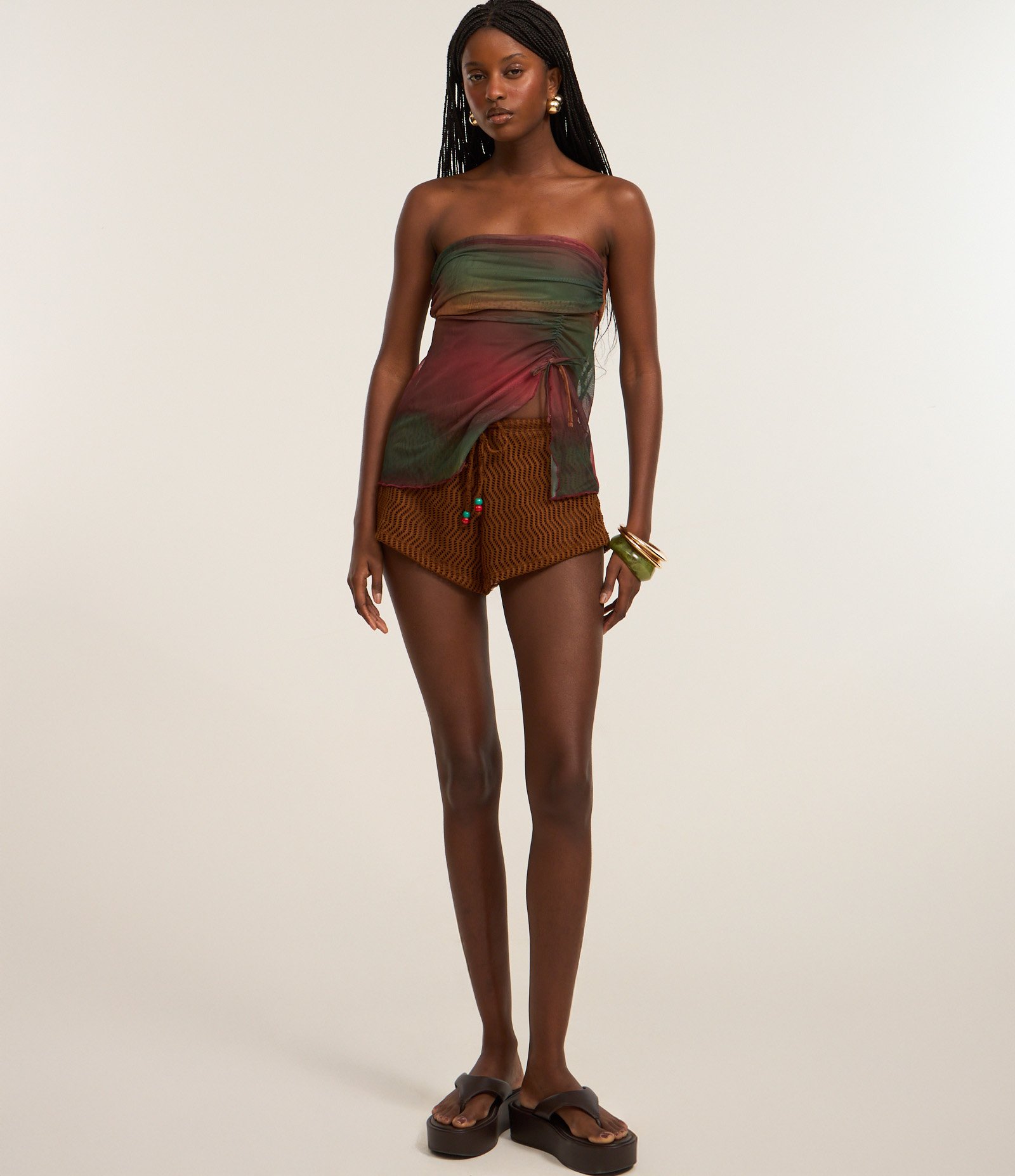 Blusa sem manga em Tule com Estampa Abstrata e Franzido Verde 2