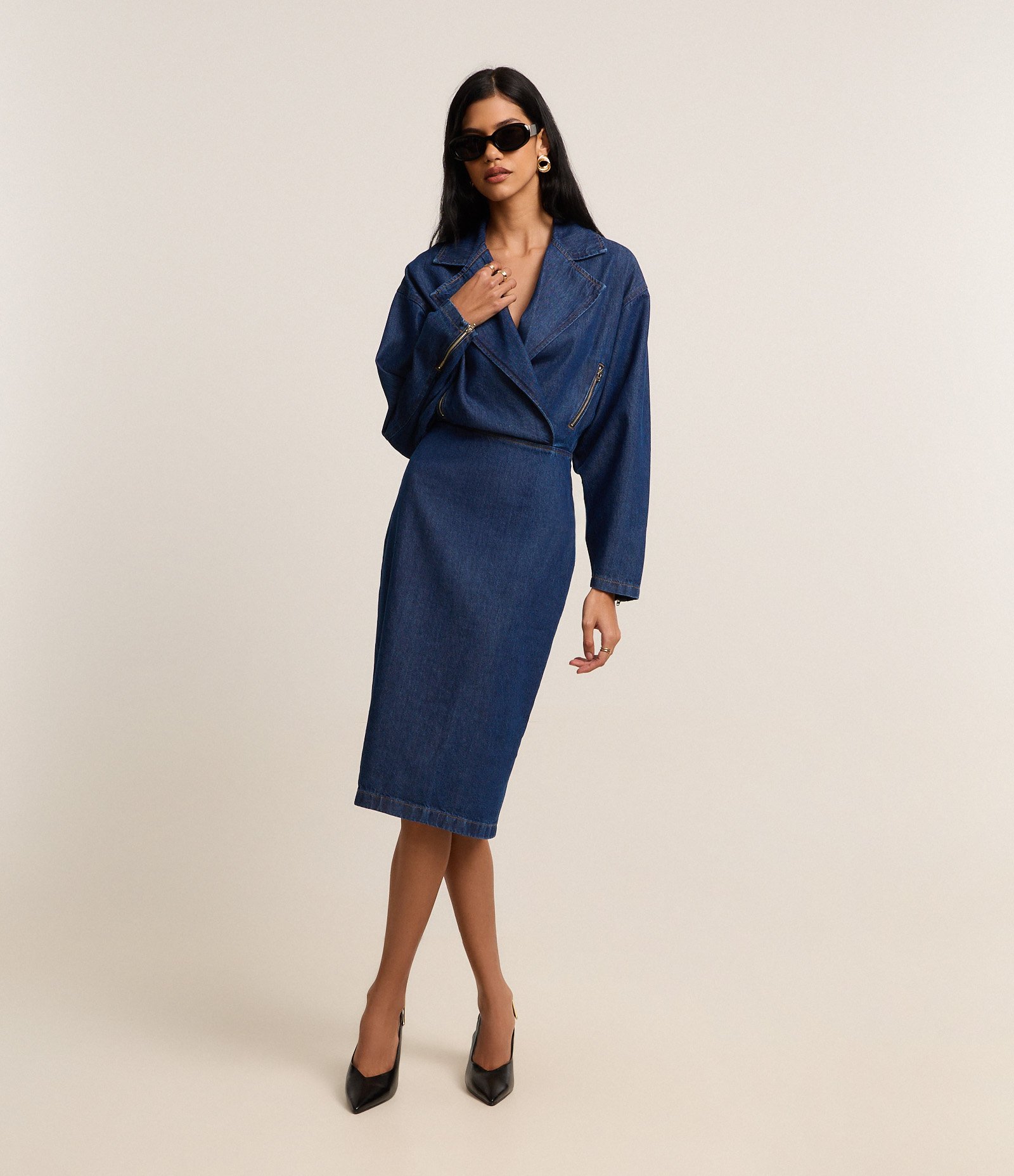 Vestido Curto em Jeans com Gola Lapela e Saia Lápis Azul 1