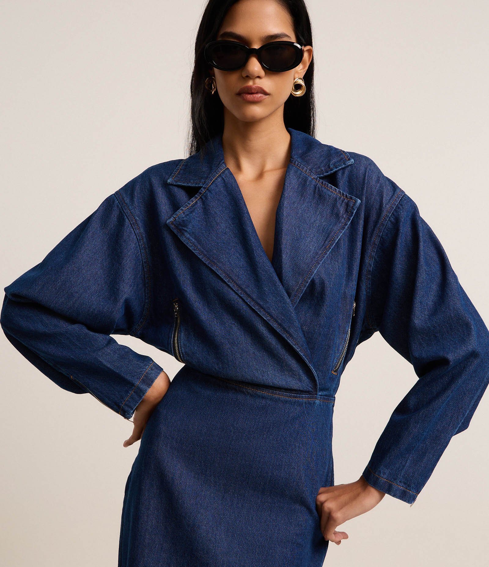 Vestido Curto em Jeans com Gola Lapela e Saia Lápis Azul 3