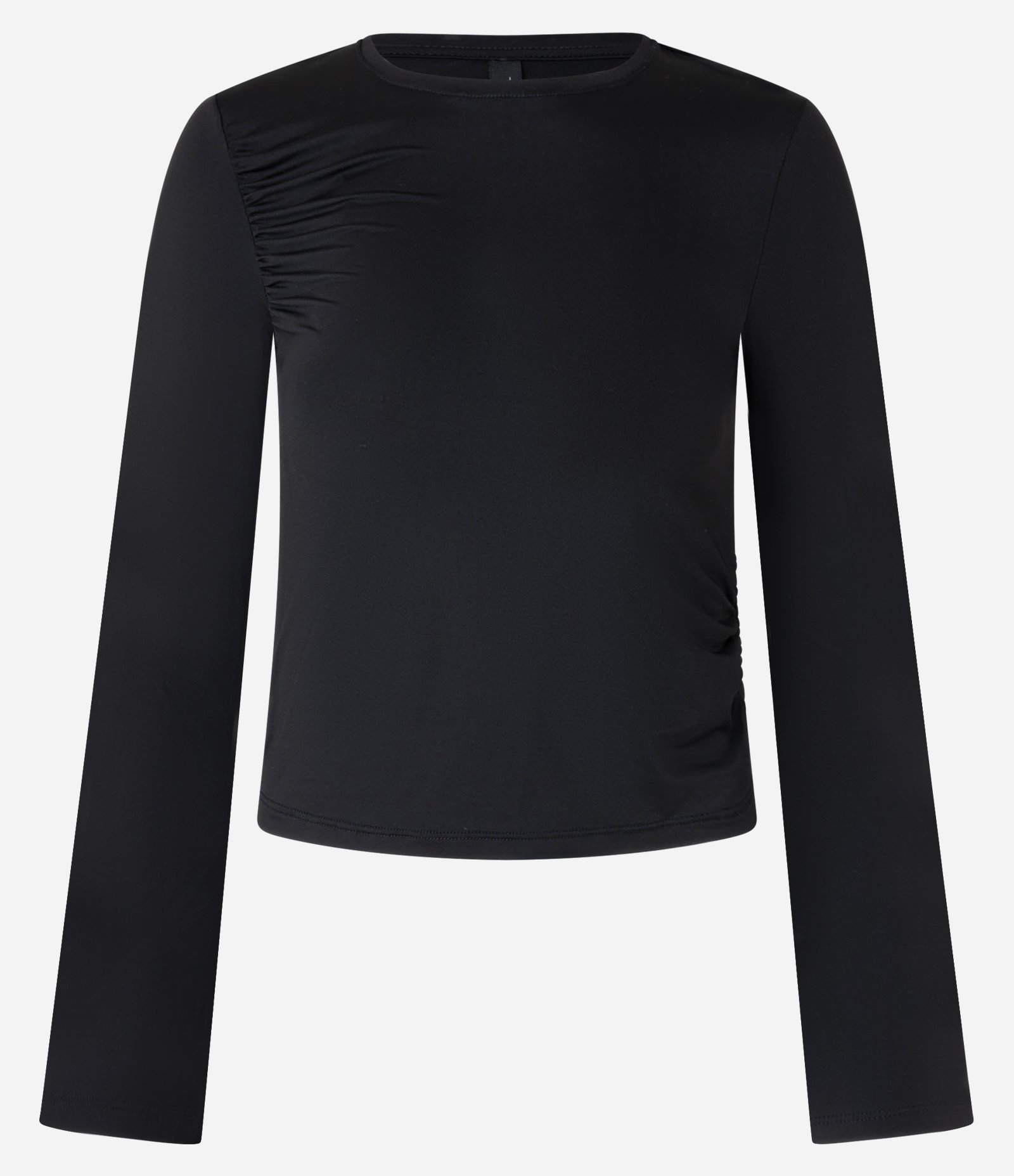 Blusa em Poliamida com Franzido no Ombro e Mangas Godê Preto 1