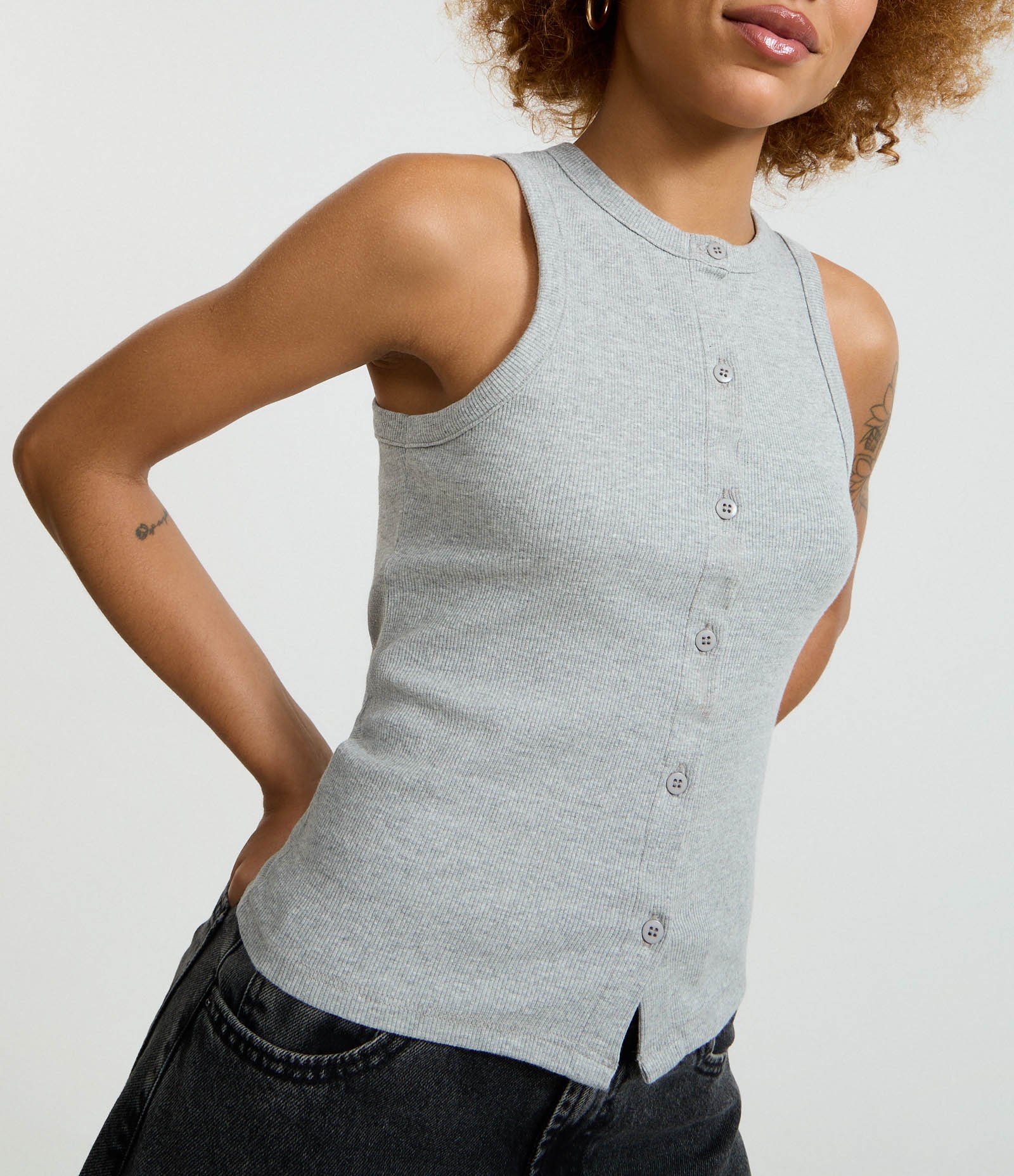 Regata em Ribana com Botões Frontais Cinza Mescla 3