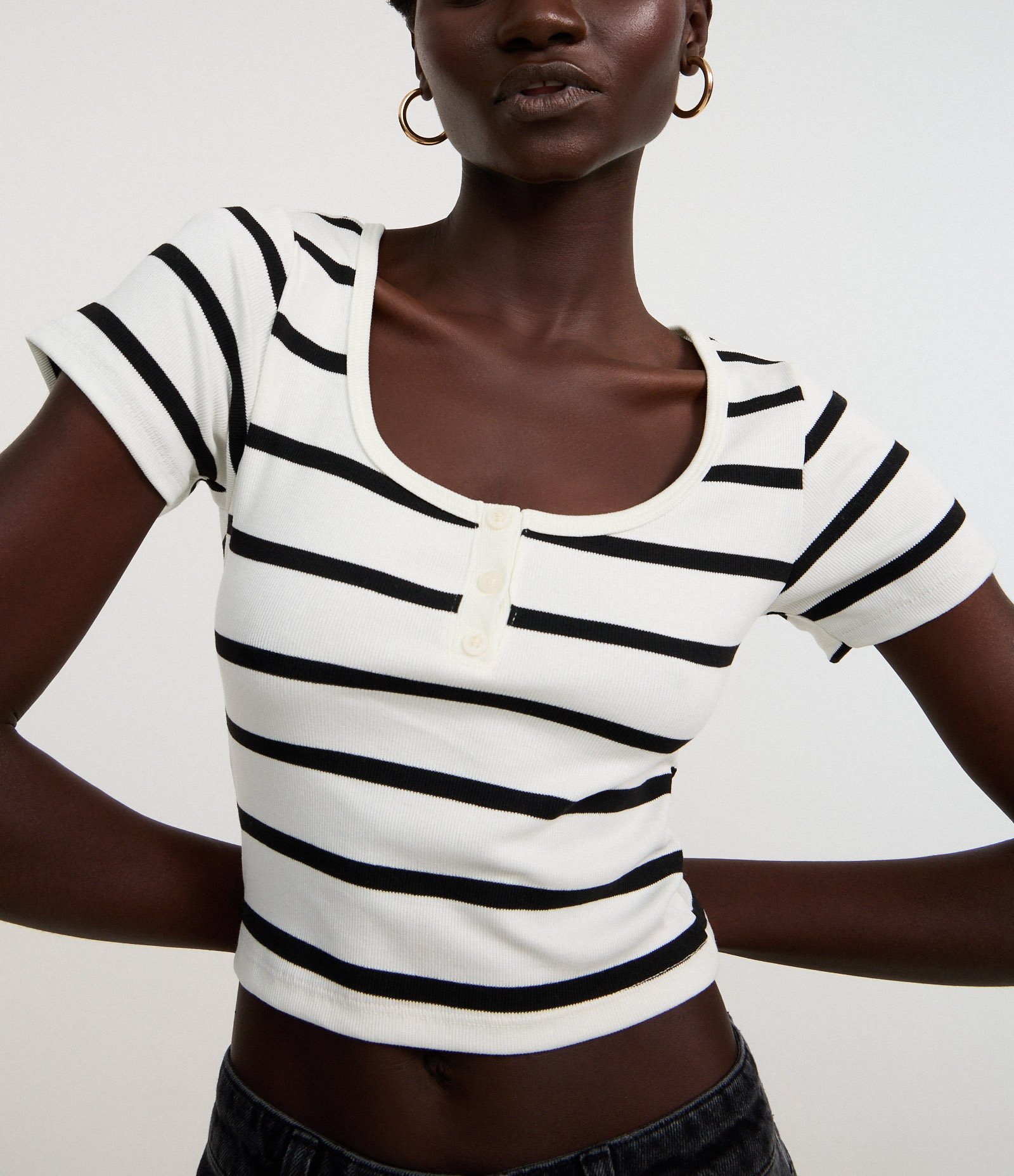 Blusa em Ribana com Decote Quadrado e Estampa de Listras Branco/Preto 3