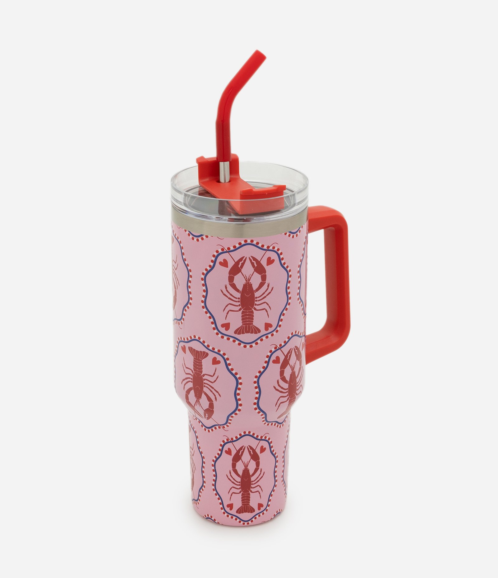 Copo Térmico Metálico com Canudo e Estampa de Lagosta 1,3L Rosa 1
