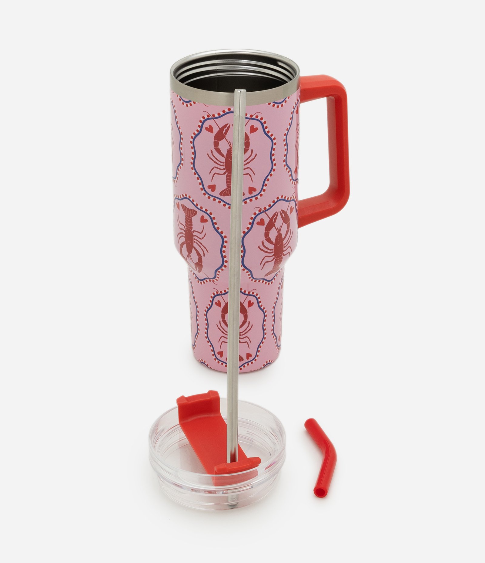 Copo Térmico Metálico com Canudo e Estampa de Lagosta 1,3L Rosa 2