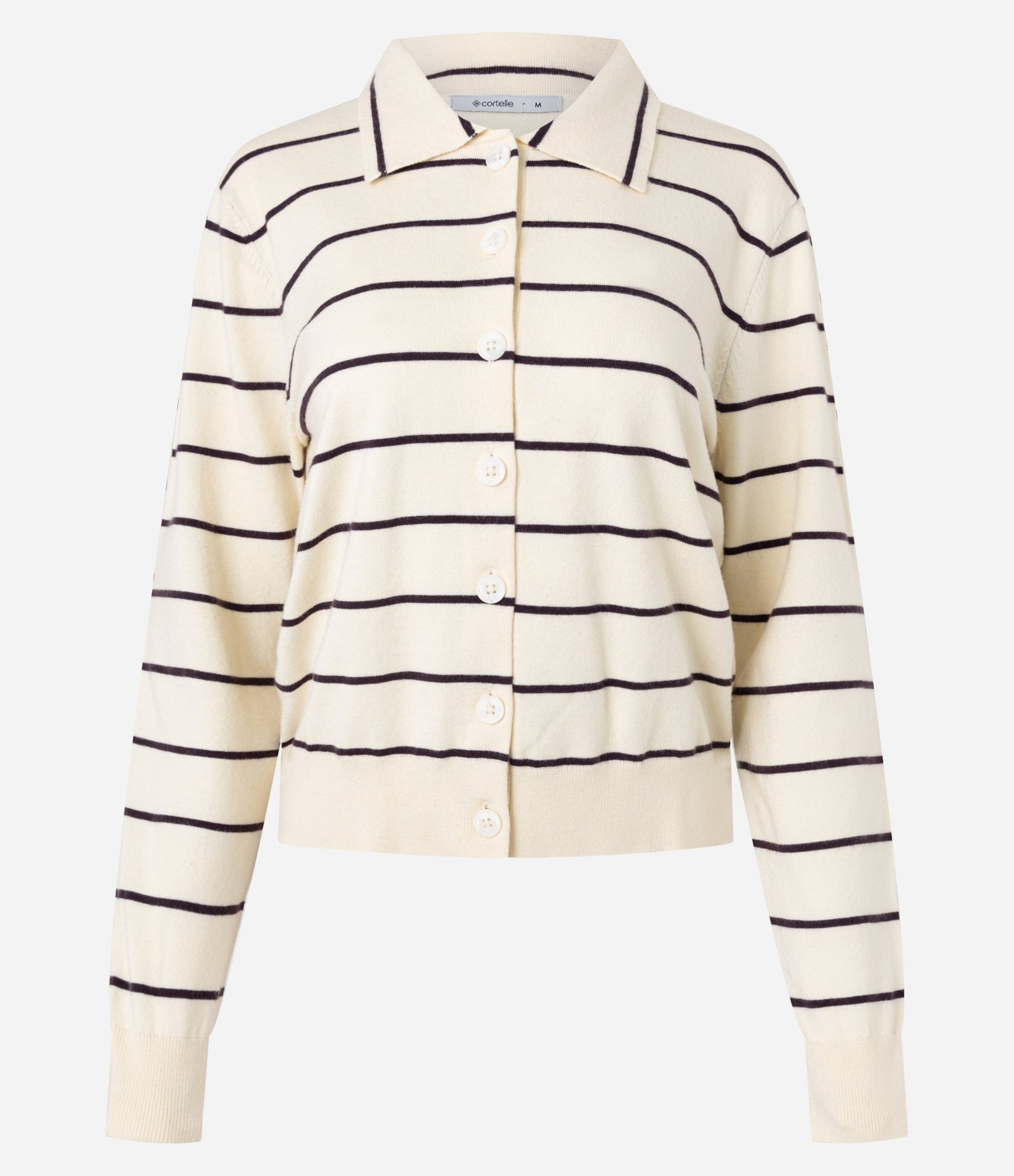Cardigan Curto em Tricô Listrado com Gola Polo e Botões Off White 6