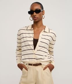 Cardigan Curto em Tricô Listrado com Gola Polo e Botões