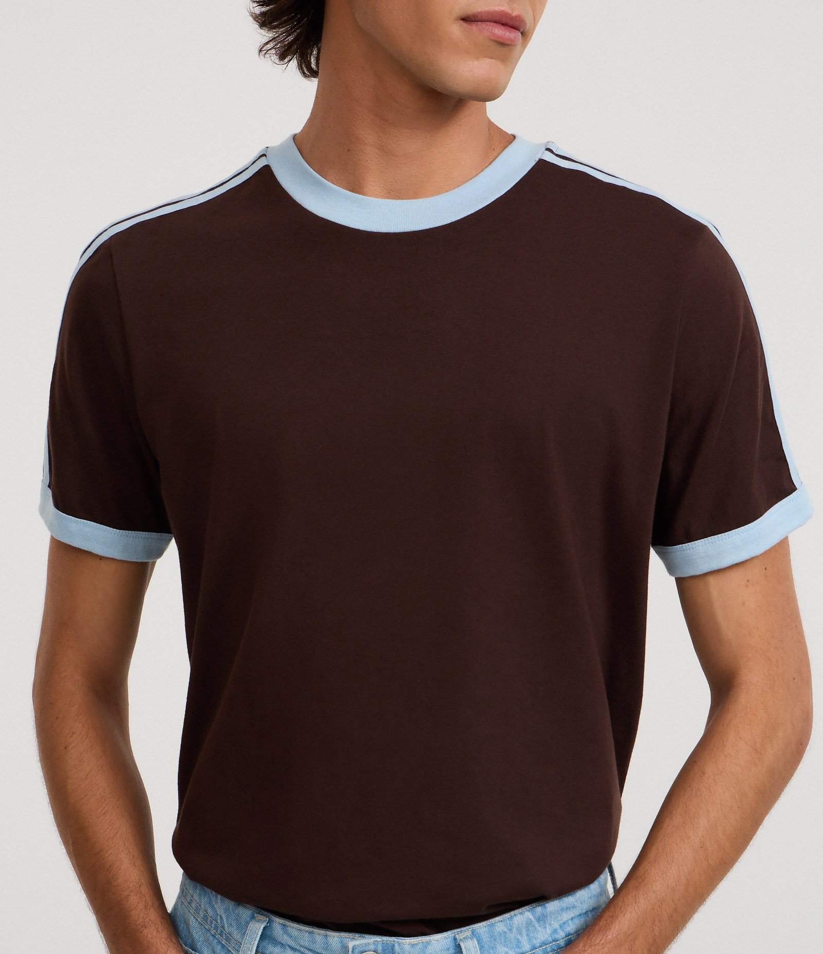 Camiseta Regular em Algodão com Listras Contrastantes Marrom 3