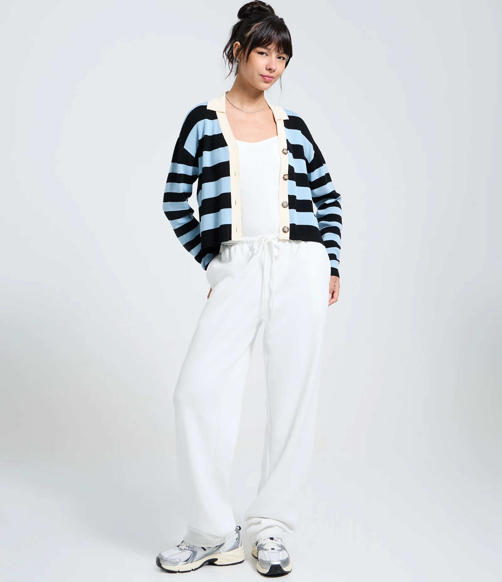 Casaco Cardigan em Tricô com Gola Polo e Listras Azul