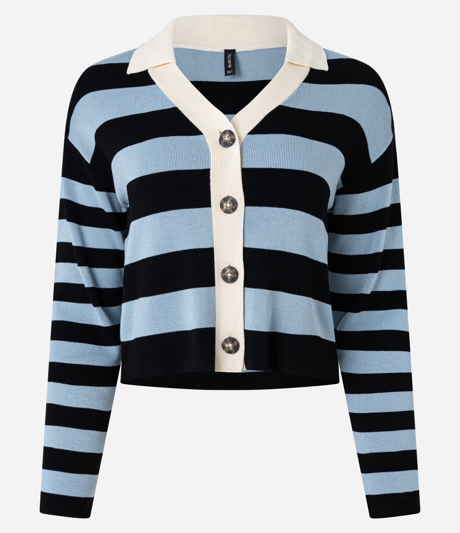 Casaco Cardigan em Tricô com Gola Polo e Listras Azul 3