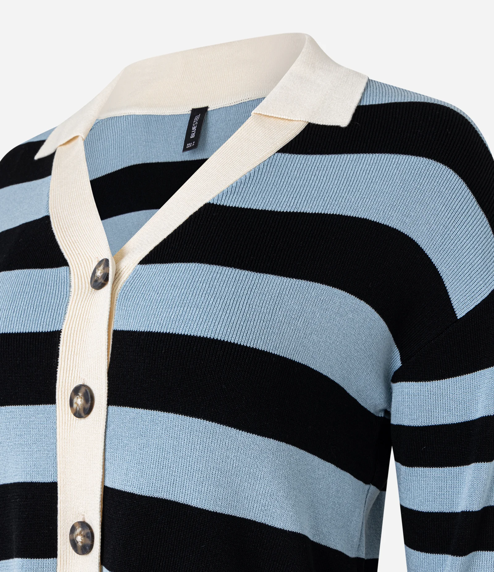 Casaco Cardigan em Tricô com Gola Polo e Listras Azul 4