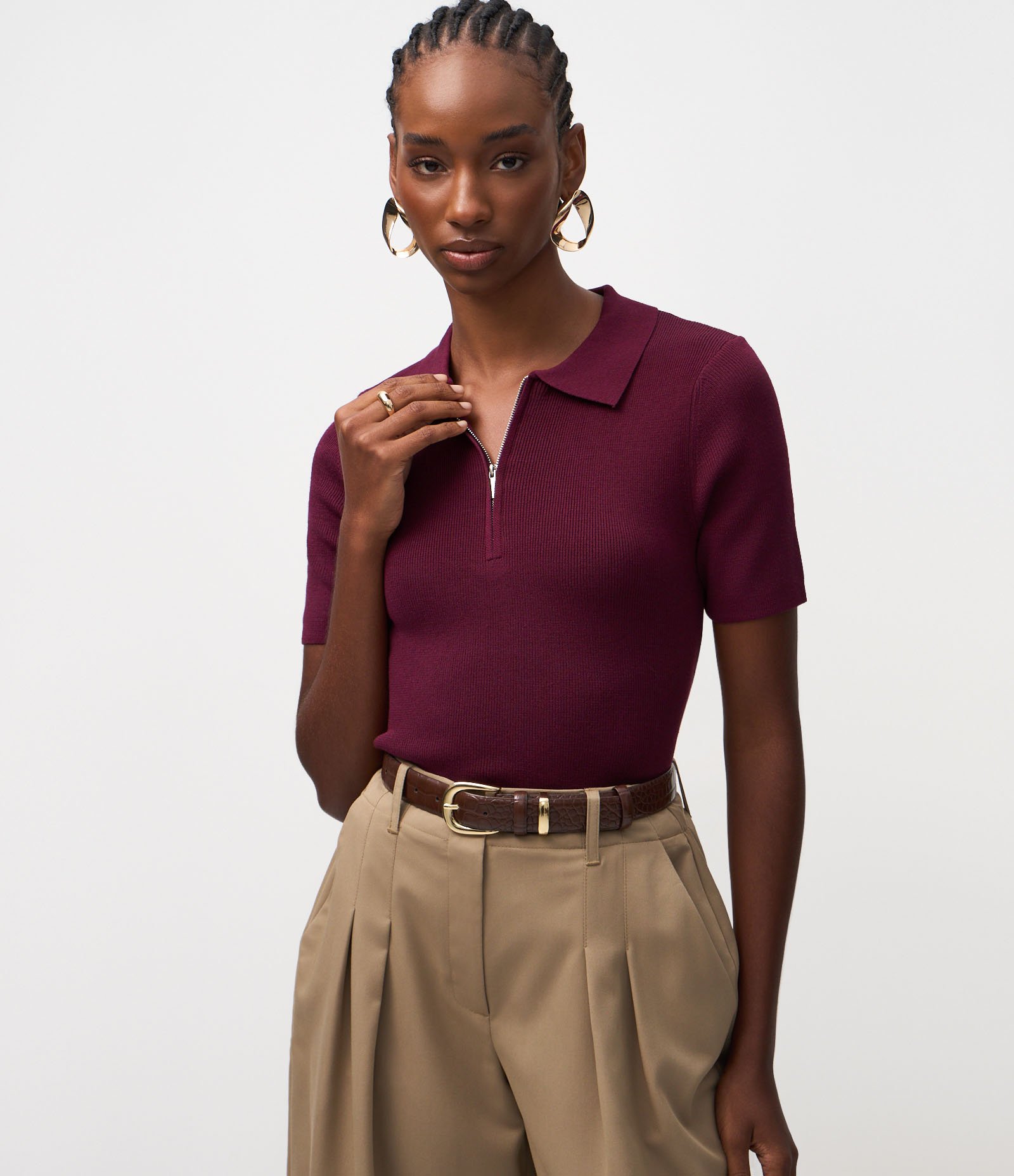 Blusa Polo em Tricô com Manga Curta e Zíper Frontal Vermelho 1