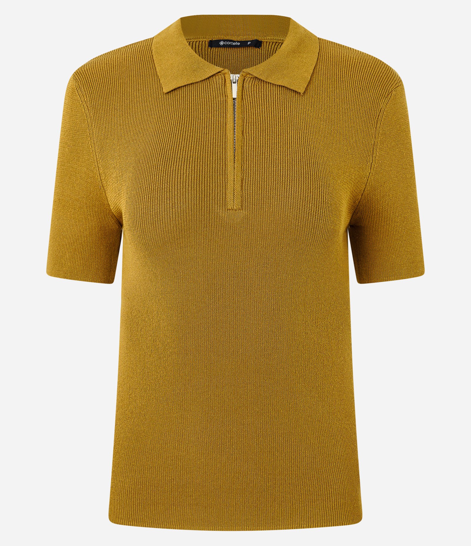 Blusa Polo em Tricô com Manga Curta e Zíper Frontal Amarelo 1