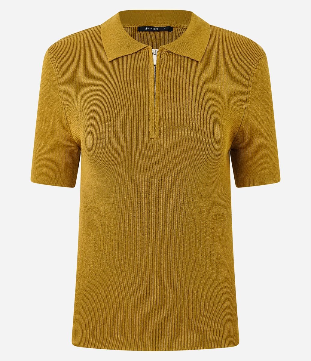 Blusa Polo em Tricô com Manga Curta e Zíper Frontal Amarelo