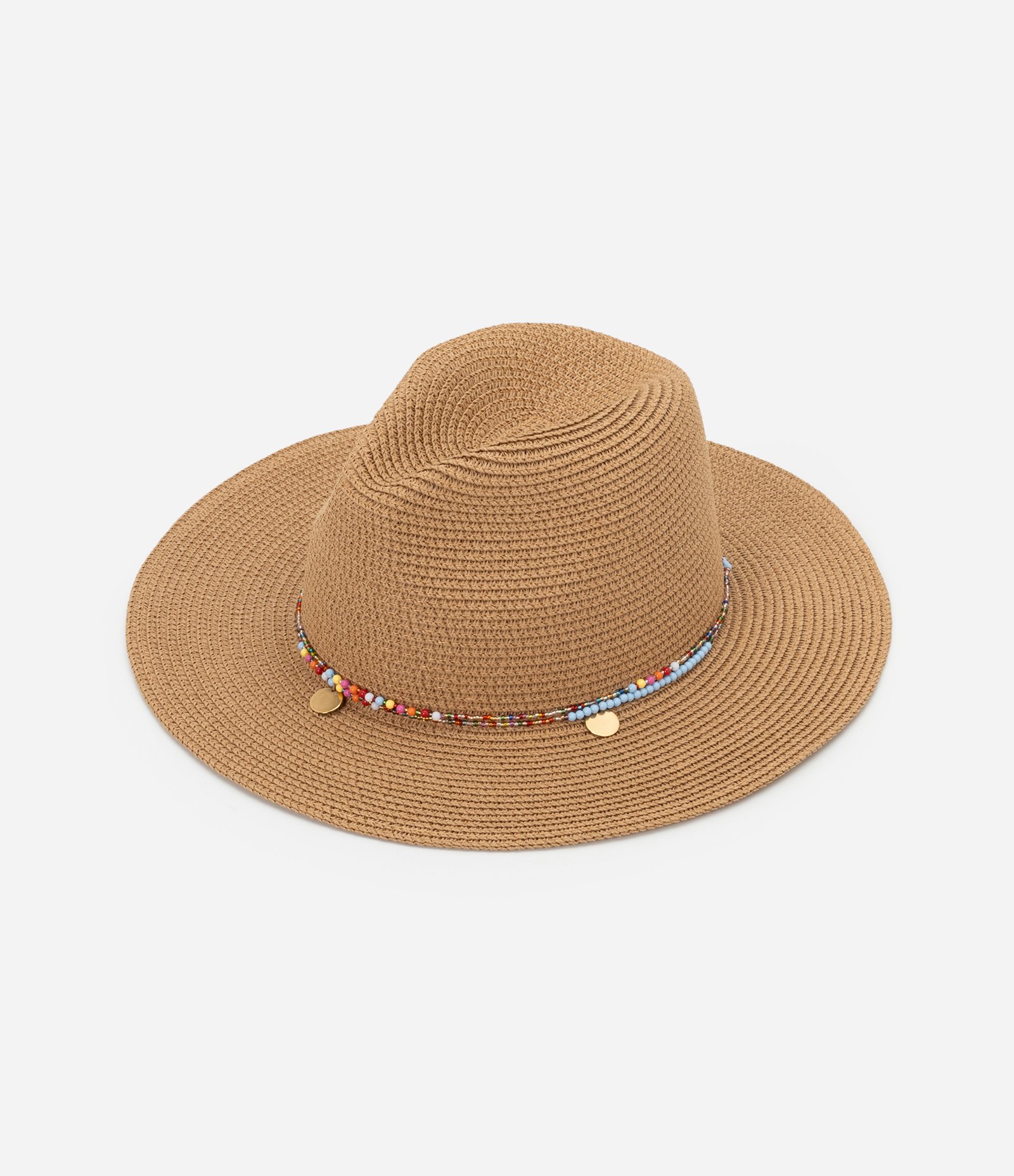 Chapéu Panamá com Aviamento de Miçangas e Medalhas Bege 1
